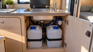 Agua en camper: garrafas de agua limpia debajo del pequeño fregadero de una furgoneta camper