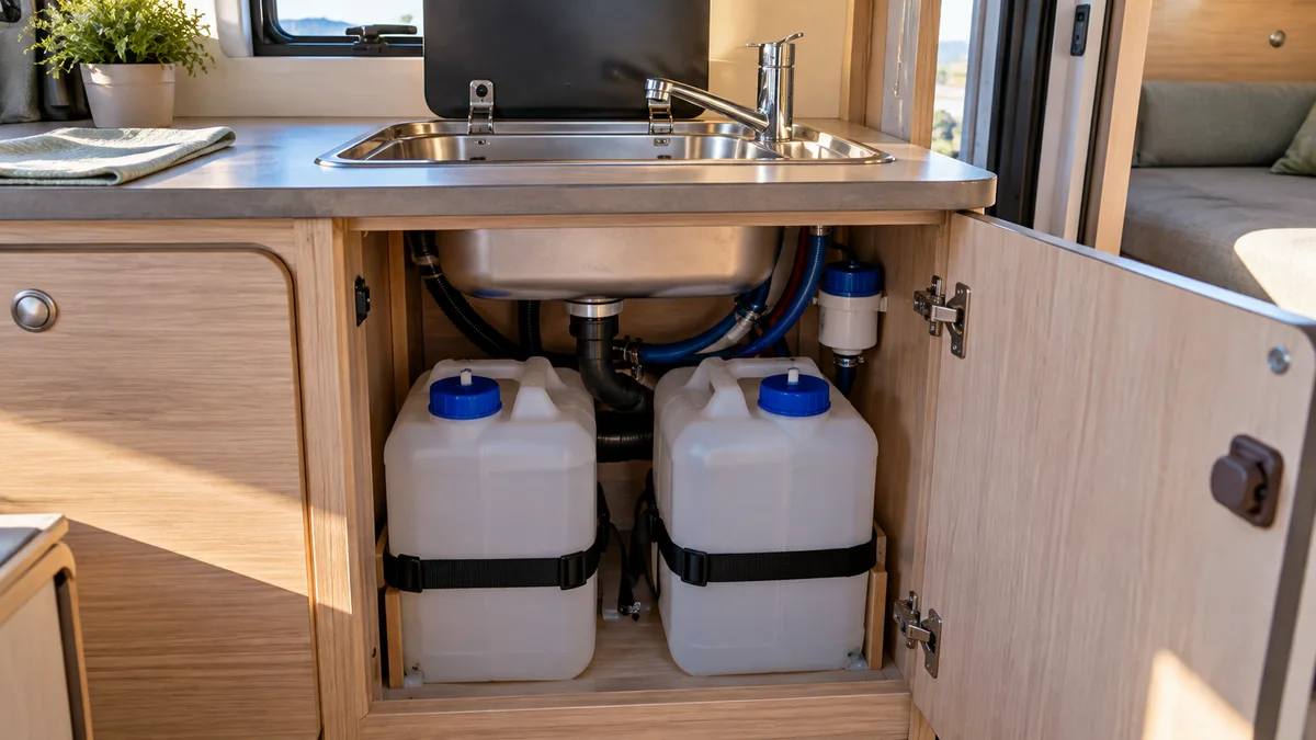 Agua en camper: consumo, depósitos y autonomía real Agua en camper: garrafas de agua limpia debajo del pequeño fregadero de una furgoneta camper